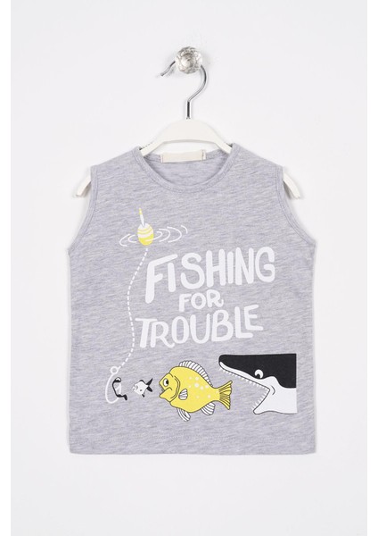 Fıshıng For Trouble Yazı Baskıl Gri Melanj Renk Erkek Cocuk Tshırt