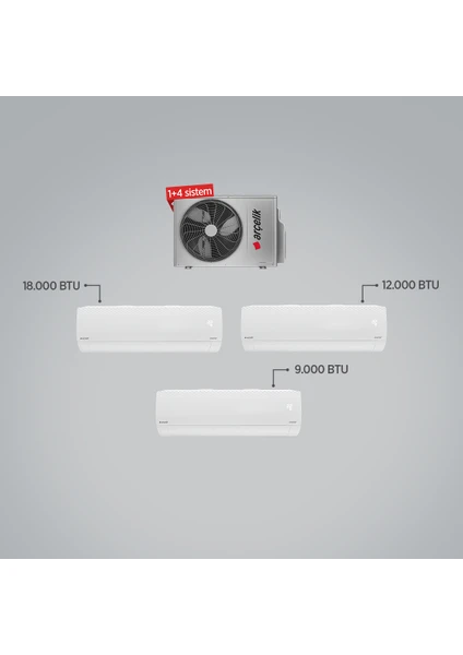 A++ 18000 BTU + 12000 BTU + 9000 BTU İç Ünite (1 adet Dış Ünite = 3 adet İç Ünite) 24000 BTU 1+3 Multi Inverter Klima