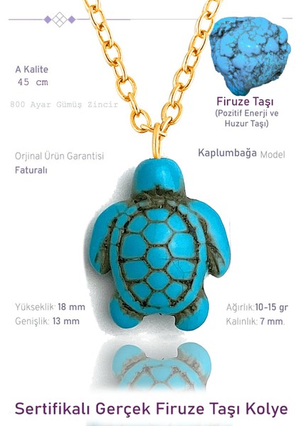 Sertifikalı Gold Kaplumbağa Model Gerçek Firuze Taşı Kolye - Mini Boy