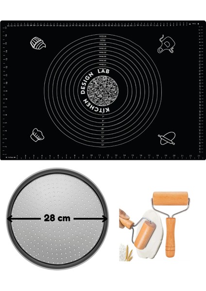 Siyah Silikon Hamur Açma Matı 45 cm x 65 cm ,28 cm Pizza Tepsisi ve Ahşap Saplı Hamur Açıcı