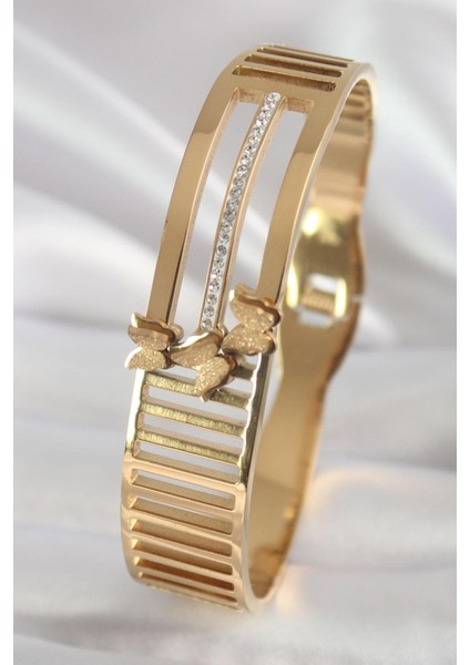 E-Bijuteri Çelik Gold Renk Zirkon Taşlı Işleme Detay Simli Kelebek Figür Kadın Kelepçe