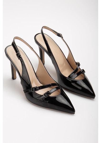 İki Tokalı Arka Açık Siyah Kadın İnce Topuklu Ayakkabı Stiletto