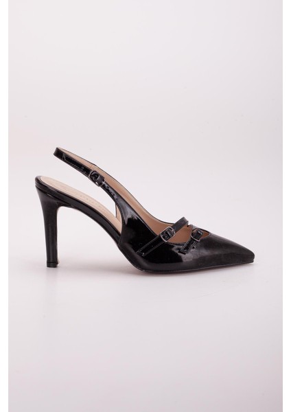 İki Tokalı Arka Açık Siyah Kadın İnce Topuklu Ayakkabı Stiletto modelleri