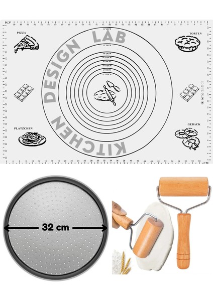 Beyaz Silikon Hamur Açma Matı 45 cm x 65 cm ,32 cm Pizza Tepsisi ve Ahşap Saplı Hamur Açıcı