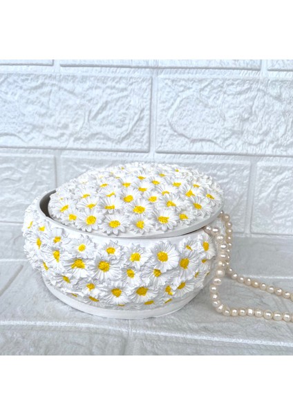 Papatyalı Takı Kutusu,mum Kutusu 15.5x5.5, Dekoratif Kapaklı Kutu, Papatya Desenli Saksı,k Eşya
