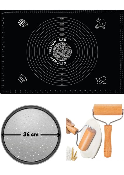 Siyah Silikon Hamur Açma Matı 45 cm x 65 cm ,36 cm Pizza Tepsisi ve Ahşap Saplı Hamur Açıcı