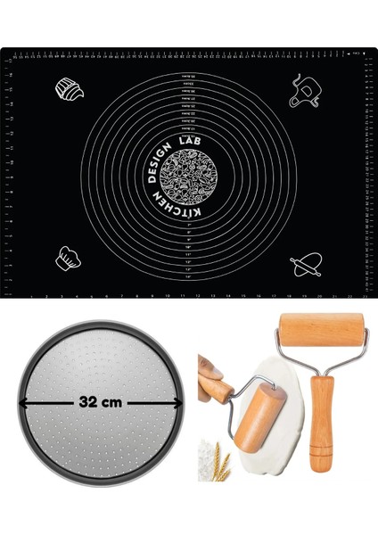 Siyah Silikon Hamur Açma Matı 45 cm x 65 cm ,32 cm Pizza Tepsisi ve Ahşap Saplı Hamur Açıcı