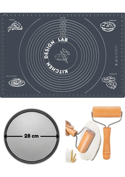 Gri Silikon Hamur Açma Matı 45 cm x 65 cm ,28 cm Pizza Tepsisi ve Ahşap Saplı Hamur Açıcı
