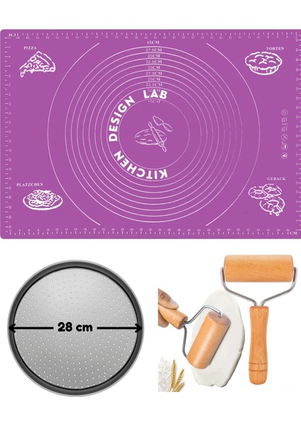 Mor Silikon Hamur Açma Matı 45 cm x 65 cm ,28 cm Pizza Tepsisi ve Ahşap Saplı Hamur Açıcı