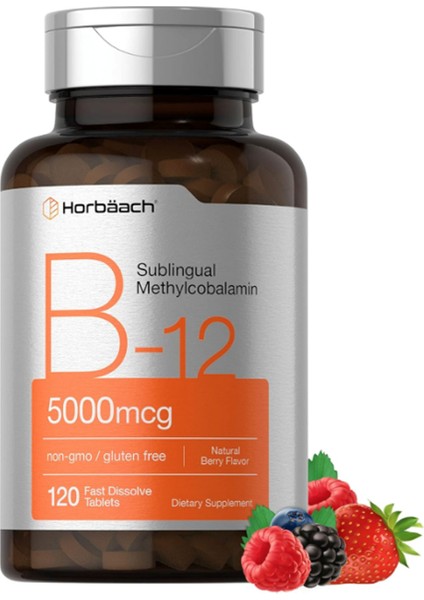 Horbäach B12 Sublingual Methylcobalamin | 5000MCG | 120 Fast Dissolve Tablets | Vegetarian Non-Gmo And Gluten Free