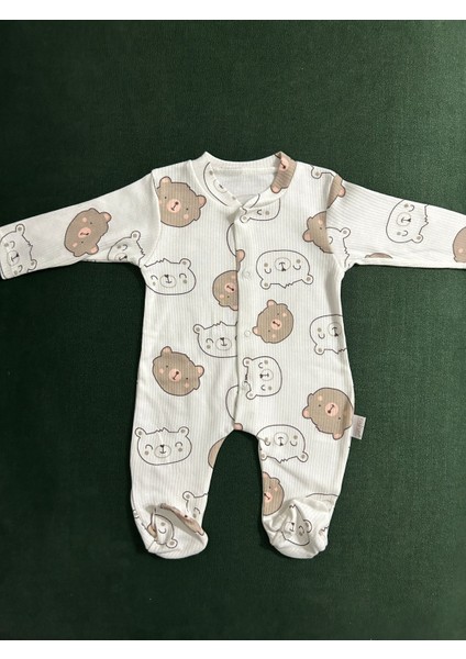 Penye Kahverengi Ayıcık Baskılı Çıtçıtlı Patikli Bebek Tulum Beyaz