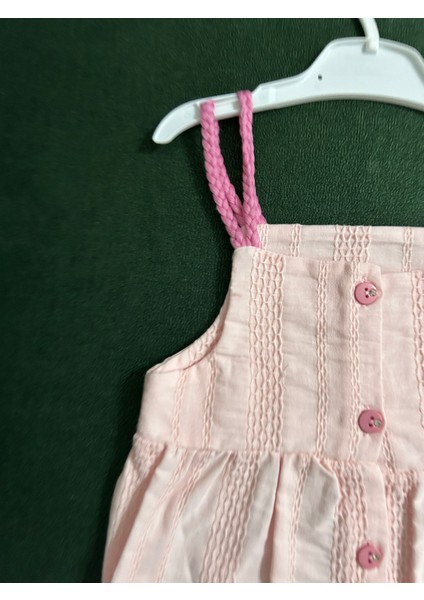 Ip Askılı Önden Düğmeli %100 Pamuk Müslin Kız Tulum Pembe