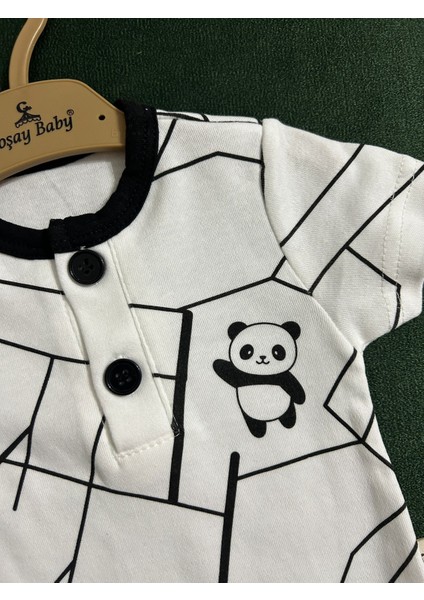 Kısa Kollu Penye Çıtçıtlı Panda Baskılı Bebek Şortlu Takım Beyaz fiyatları