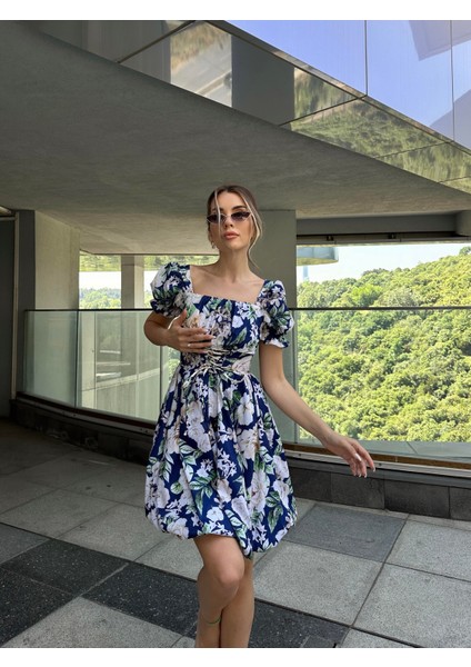 Bel Düğüm Detaylı Balon Elbise Mavi modelleri