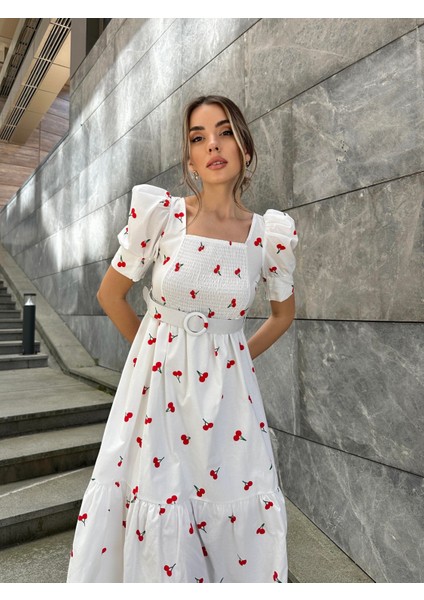 Kirazlı Balon Kol Poplin Elbise Ekru