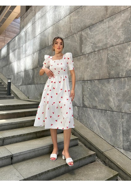 Kirazlı Balon Kol Poplin Elbise Ekru