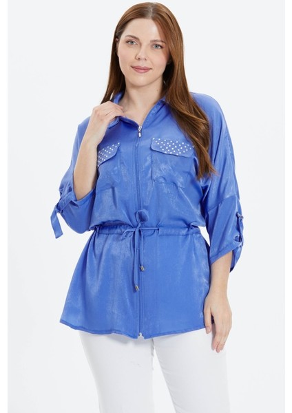 Büyük Beden Beli Büzgülü Cebi Taşlı Bluz