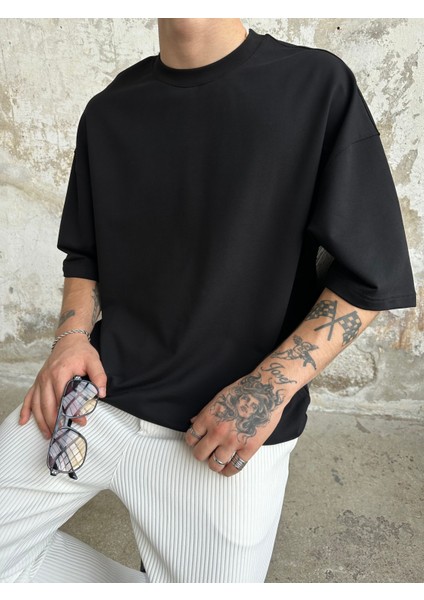 Düz Siyah Basic Oversize T-Shirt - Siyah