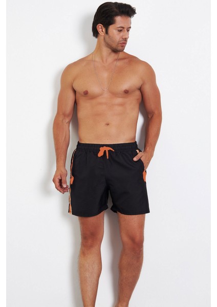 Erkek Siyah Mıcropoly Kumaş Yanları Şeritli Cepli File Astarlı Hızlı Kuruyan Deniz Şortu EDY2512S
