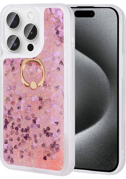 iPhone 15 Pro Max Kılıf Sıvılı Simli Pullu Yüzüklü Standlı Lüx Silikon
