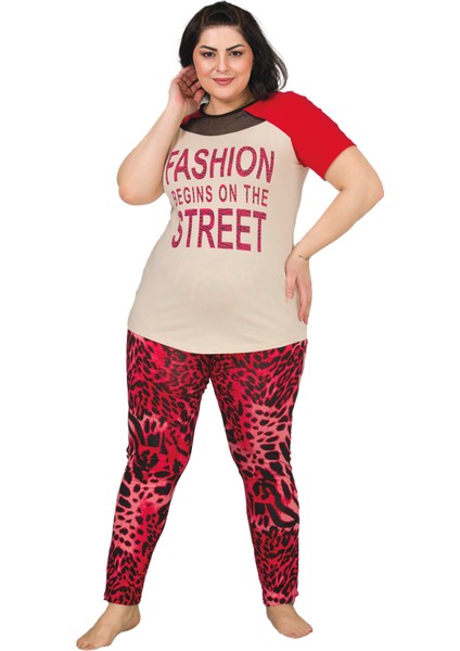 Kırmızı Renk ve Leopar Desenli Lady 10835 Kadın Kısa Kol Büyük Beden Pijama Takımı
