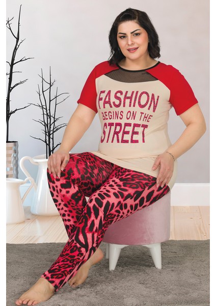 Kırmızı Renk ve Leopar Desenli Lady 10835 Kadın Kısa Kol Büyük Beden Pijama Takımı