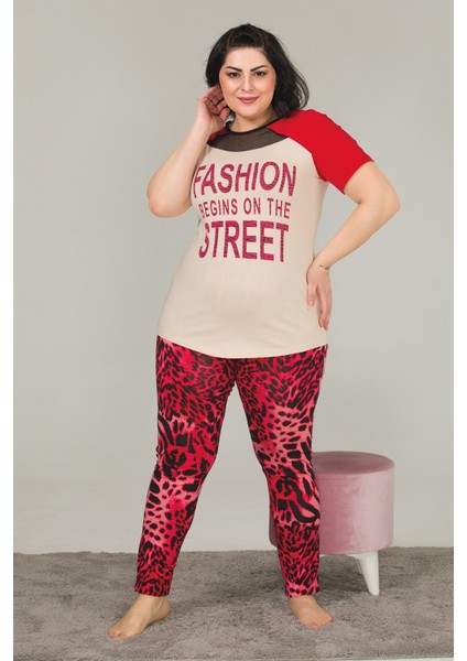 Kırmızı Renk ve Leopar Desenli Lady 10835 Kadın Kısa Kol Büyük Beden Pijama Takımı