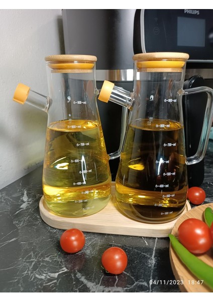 Home Yağlık Sirkelik Seti Silikon Contalı Bambu Kapaklı Bambu Altlık Beraber 3'lü Set Yağdanlık, 900 ml 2 Adet ve Bambu Altlık