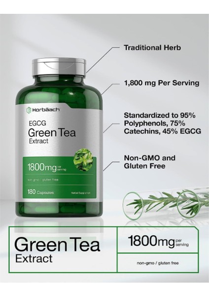 Horbäach Egcg Green Tea Extract Pills | 180 Capsules | Max Potency | Non-Gmo & Gluten Free Supplement