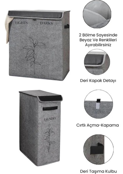 Emir-Ay 2'li Dekoratif Keçe Deri Detaylı Kapaklı Çamaşır Sepeti Seti (Çamaşır Torbası)