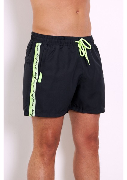 Erkek Lacivert Mıcropoly Kumaş Yanları Şeritli Cepli File Astarlı Hızlı Kuruyan Deniz Şortu EDY2512L