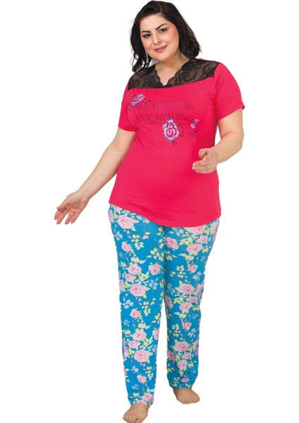 Kırmızı - Mavi Renk Çiçek Desenli Lady 10838 Kadın Kısa Kol Büyük Beden Pijama Takımı