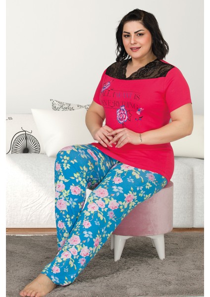 Kırmızı - Mavi Renk Çiçek Desenli Lady 10838 Kadın Kısa Kol Büyük Beden Pijama Takımı
