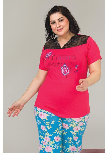 Kırmızı - Mavi Renk Çiçek Desenli Lady 10838 Kadın Kısa Kol Büyük Beden Pijama Takımı