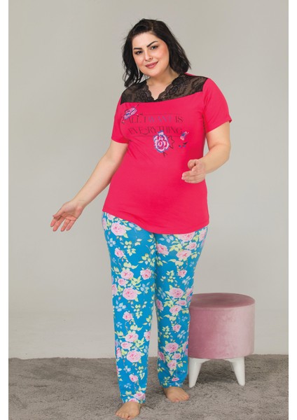 Kırmızı - Mavi Renk Çiçek Desenli Lady 10838 Kadın Kısa Kol Büyük Beden Pijama Takımı