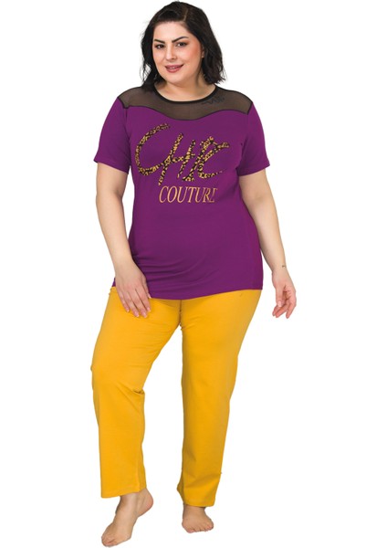 Mor Renkli Lady 10837 Kadın Kısa Kol Büyük Beden Pijama Takımı