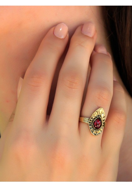Doğal Taş Lal (Granat Garnet) Doğal Taşlı Antik Ayarlanabilir Kadın Yüzük EUY33G