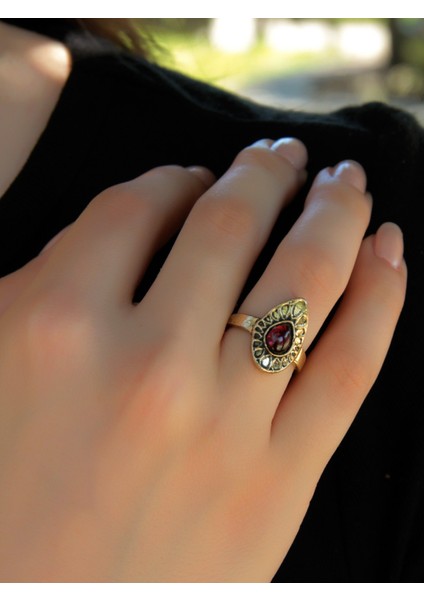 Doğal Taş Lal (Granat Garnet) Doğal Taşlı Antik Ayarlanabilir Kadın Yüzük EUY33G fiyatları
