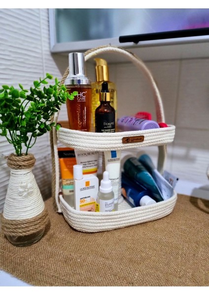 El Yapımı 2'li Düzenleyici Hasır Stand Sepet, Organizer, Çok Amaçlı Sepet Ekru / Tek Ebat