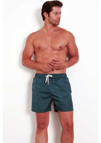 Erkek Petrol Yeşili Micro Kumaş Beli Lastikli File Astarlı Cepli Hızlı Kuruyan Deniz Şortu EDY6107P