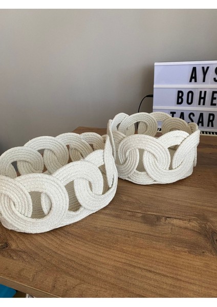 2’li Tress Dokuma El Yapımı Dekoratif Sepet, Dekoratif Kutu Ekru / Tek Ebat