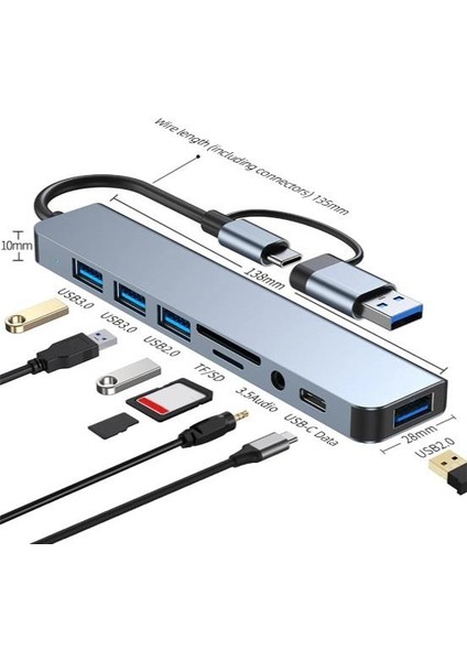 2 In 1 USB Type-C USB 2.0/3.0 Audio 3.5 Tf Sd Çevirici Adaptör Çok Portlu Çoklayıcı USB Hub Aparat