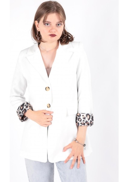 14513 Kadın Leopar Desen Astarlı Blazer Ceket