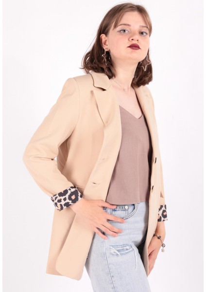 14513 Kadın Leopar Desen Astarlı Blazer Ceket