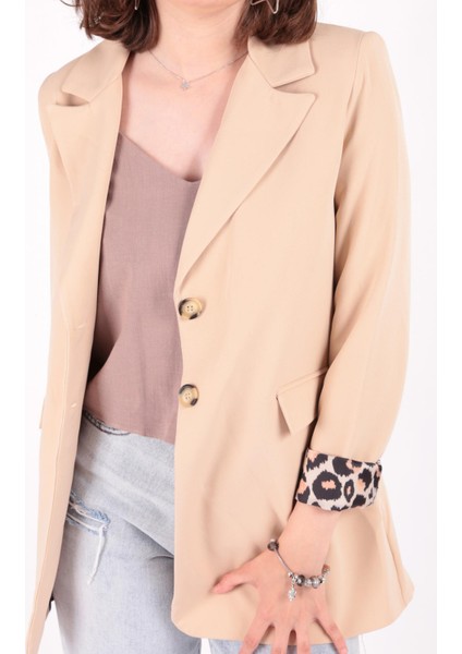 14513 Kadın Leopar Desen Astarlı Blazer Ceket