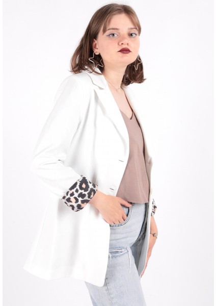 14513 Kadın Leopar Desen Astarlı Blazer Ceket