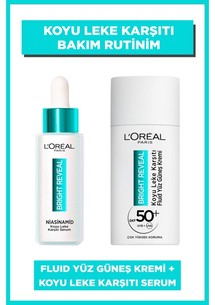 Bright Reveal Spf 50+ Koyu Leke Karşıtı Fluid Günlük Yüz Güneş Kremi 50ML + Bright Reveal Sivilce, Güneş, Yaşlanma Lekelerinde Etkili Koyu Leke Karşıtı Serum 10%niasinamid 30ML