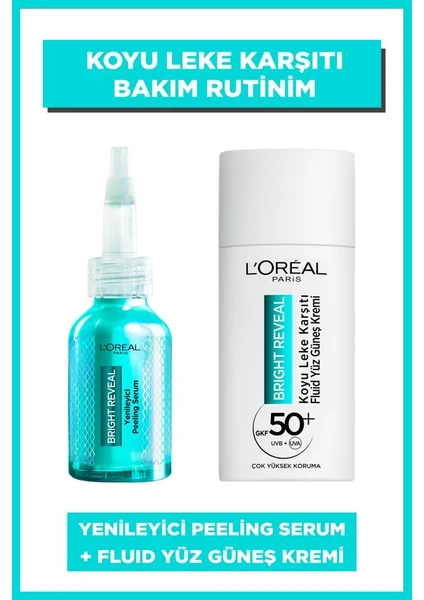 L'oréal Paris Bright Reveal Spf 50+ Koyu Leke Karşıtı Fluid Günlük Yüz Güneş Kremi 50ML + Bright Reveal Koyu Lekelere Karşı Hızlı Etkili Yenileyici Peeling Serum 25% [aha + Bha + Pha] 25ML