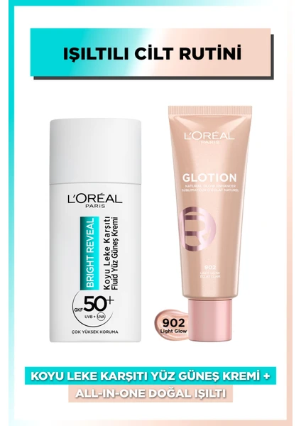 L'oréal Paris Bright Reveal Spf 50+ Koyu Leke Karşıtı Fluid Günlük Yüz Güneş Kremi 50ML + L'oréal Paris Glotion All-In-One Doğal Işıltı 902 - Light Glow