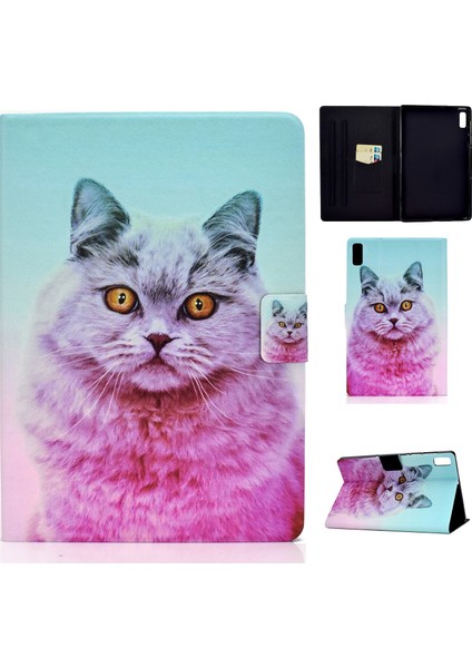 Lenovo Tab M9 Pembe Kedi Için Renkli Çizim Pu Tablet Kılıfı (Yurt Dışından)